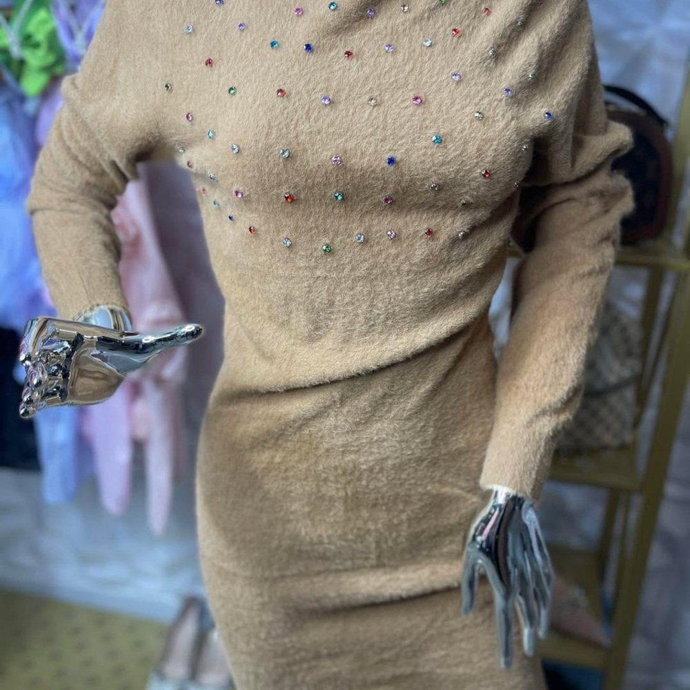Elegant Tan Dress with Embellishments